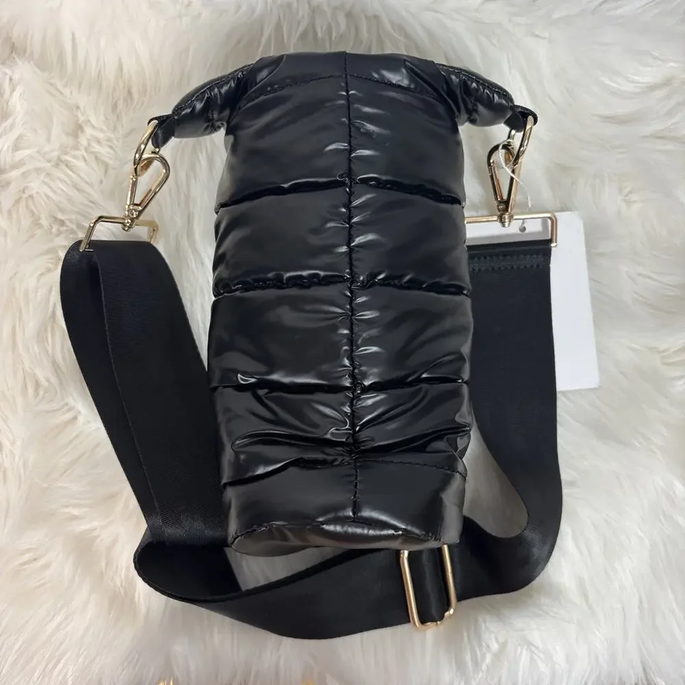 Wanderfull Hydrobag with 34oz Water Bottle Black Shiny Puffer Bag Gold Hardware